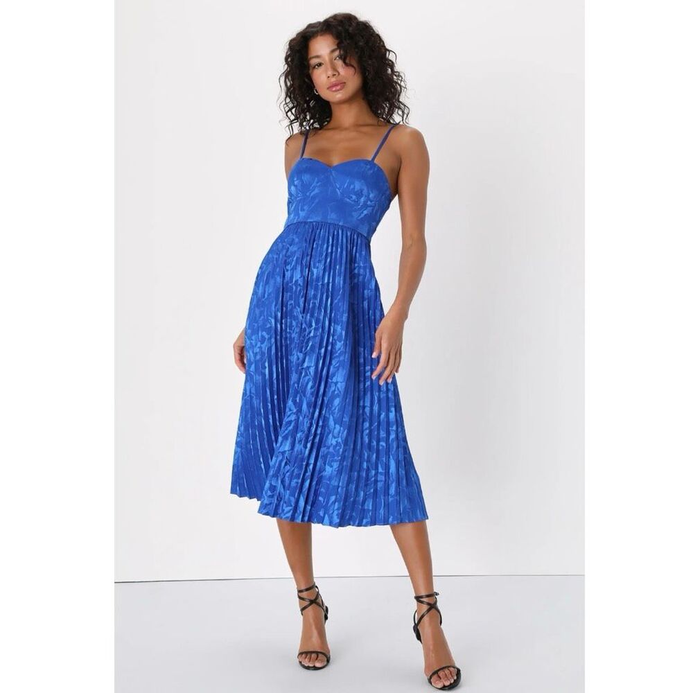 NWT Lulus XL Chic Sensibility Cobalt Blue Satin Jacquard Pleated Midi Dress